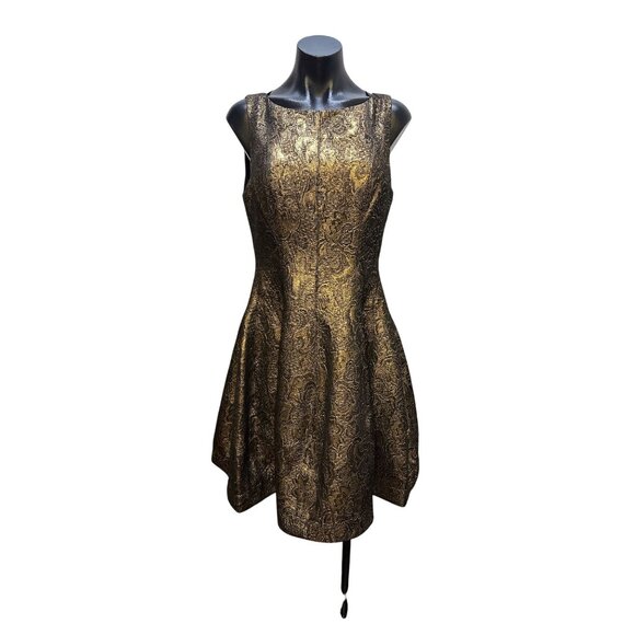 Halston Gold & Black Jacquard Fit & Flare Midi Dress - Picture 1 of 9